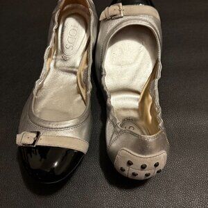 TOD'S Women EU 40 Ballerina Dee Buckle Leather Ballet Flat Silver Black